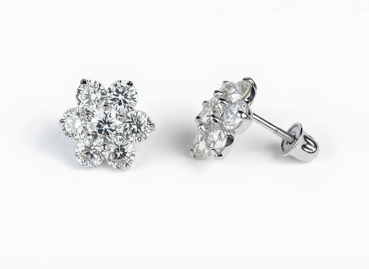 14k White Gold Beautiful Flower Shaped Stud Screw Back Earrings for Women