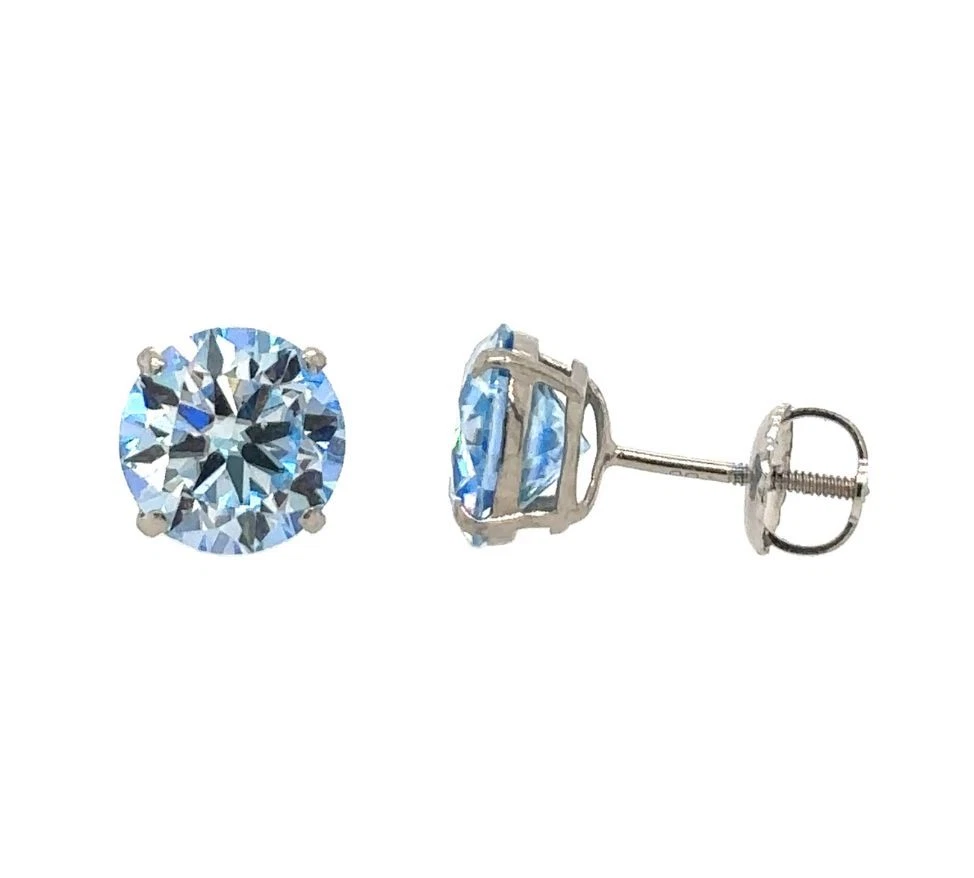 Gold 14K GRA Certified D-VVS1 Ocean Blue Moissanite Screw Back Studs Earrings