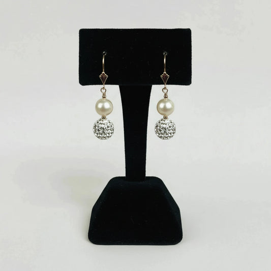 14K Yellow Gold Freshwater Pearl Earrings with Czech Crystal for Women