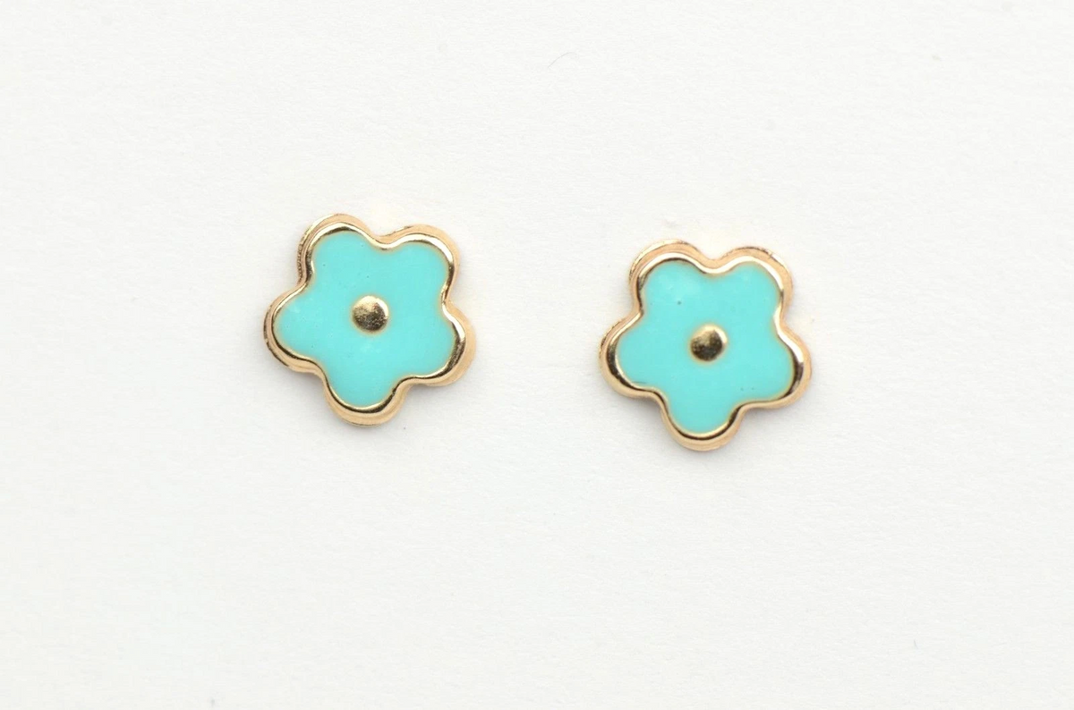 14k Yellow Gold Enamel Flower Baby earrings with Screw Back