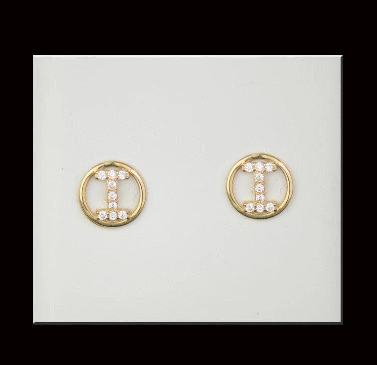14k Yellow or White Gold Round Initial Letters CZ Stud Earrings