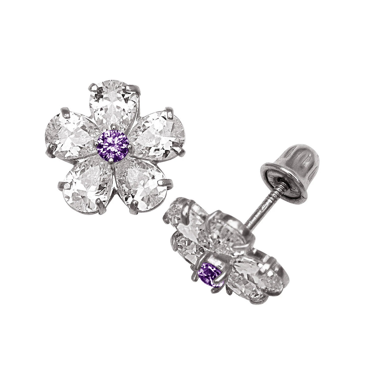 14k Yellow & White Gold CZ Flower Birthstone Stud Screw Back Earrings for Women