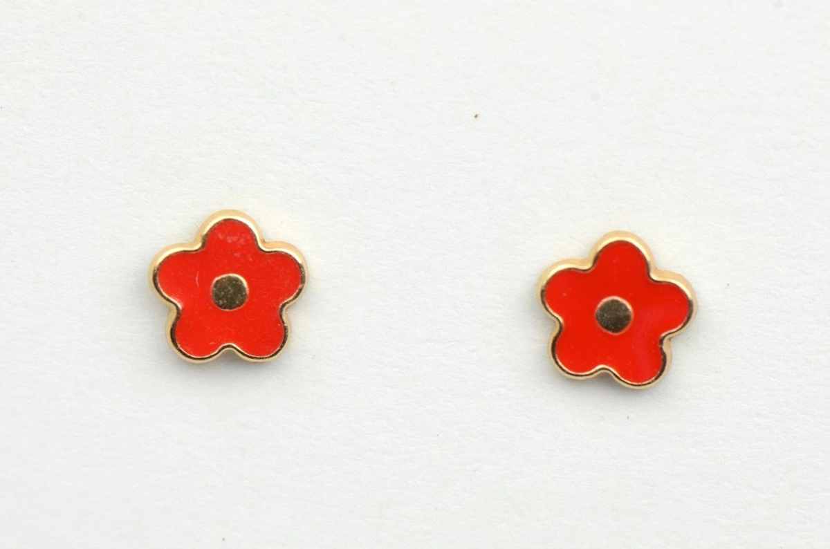14k Yellow Gold Enamel Flower Screw Back Baby earrings