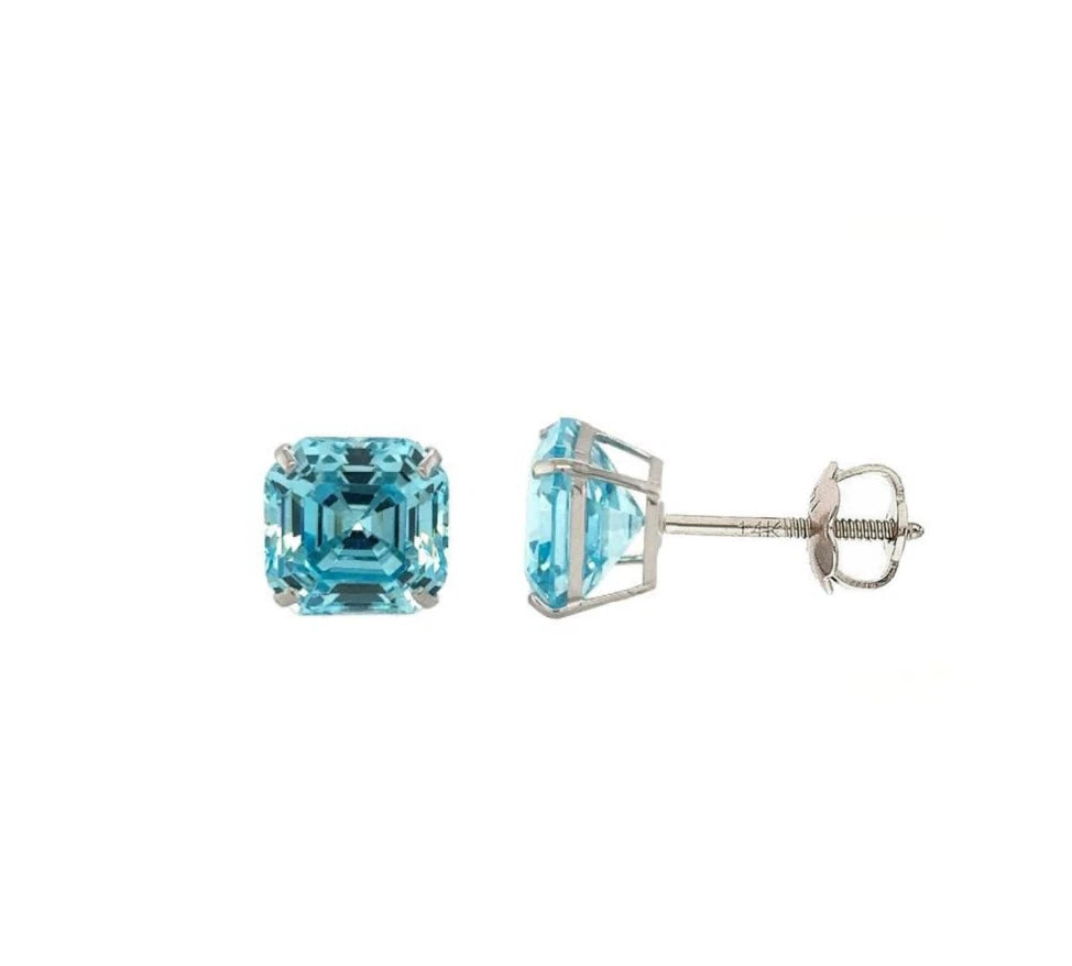 14K White Gold Asscher Cut Stud Earrings Screw Back