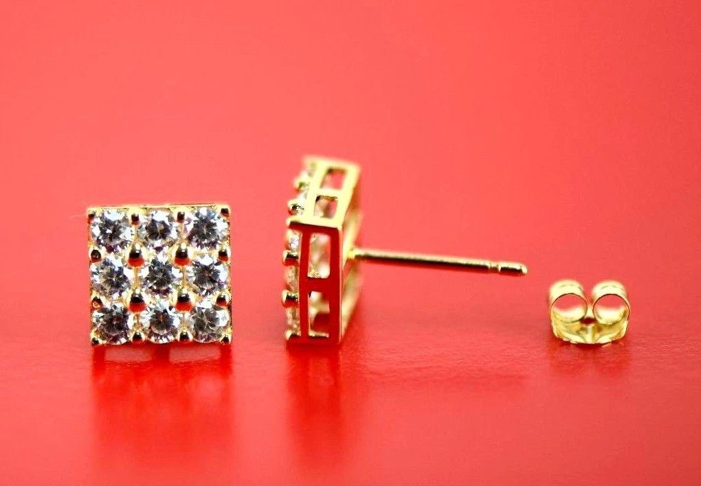 14K Yellow or White Gold Fancy Square Design CZ Stud Earrings