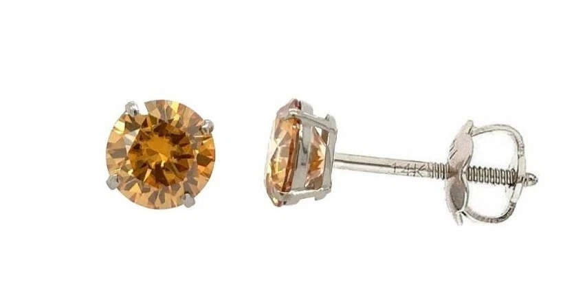 14K Gold GRA Certified D-VVS1 Round Champagne Moissanite Screw Back Studs Earrings