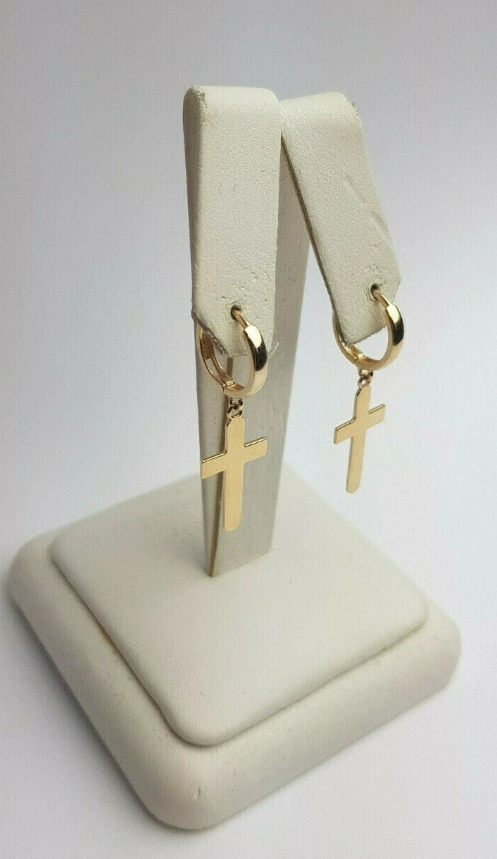 14k Yellow / White Gold Dangle Cross Hamsa Huggie Earrings