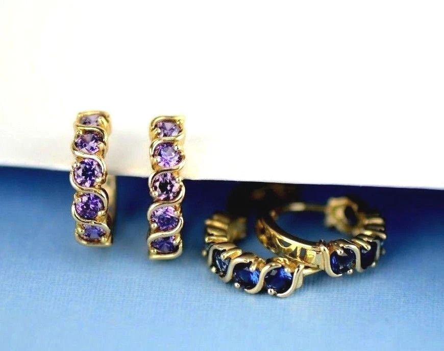 14k Yellow Gold Fancy Huggie Hoop CZ Earrings