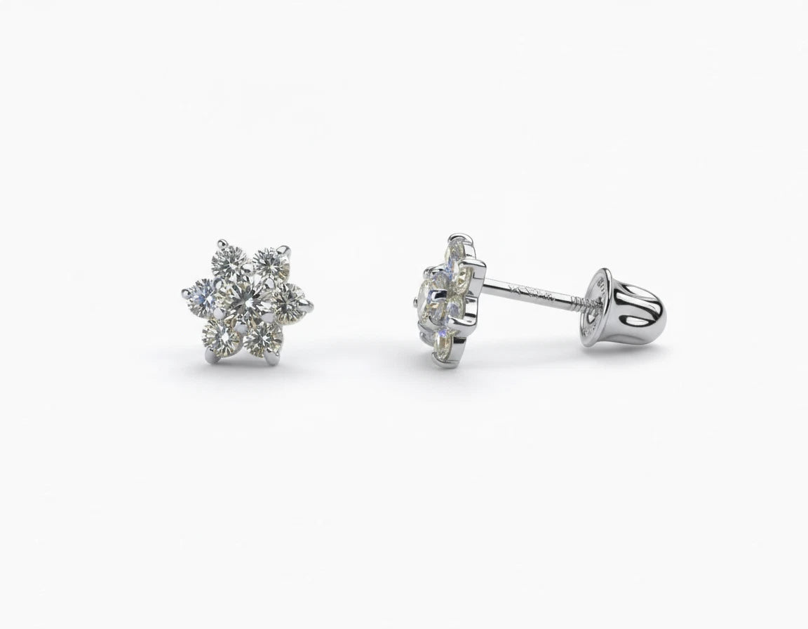 14k White Gold Beautiful Flower Shaped Stud Earrings for Women
