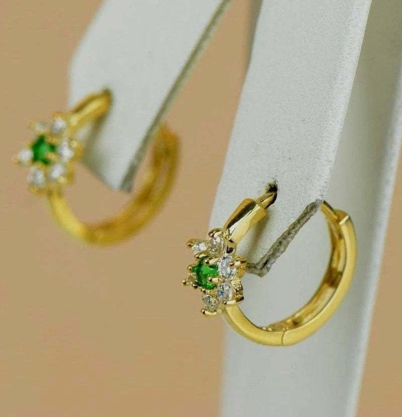 14k Yellow Gold Flower Huggies Hoop Earring Birthstone