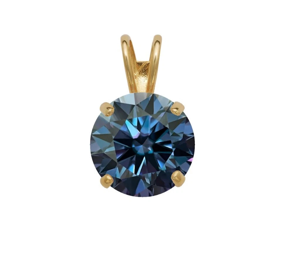 14K Gold GRA Certified D-VVS1 Round Blue Moissanite Pendant
