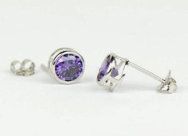 14K Round Bezel3mm Set White Gold Birthstone Earrings