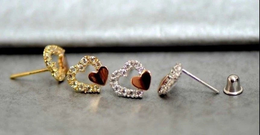 14K White or Yellow Gold Double Heart Shape CZ Stud Earrings