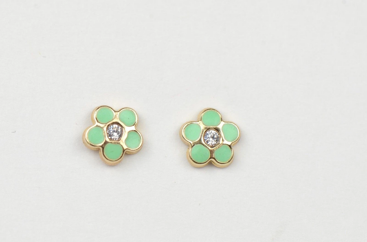 14k Yellow Gold Baby Enamel and CZ Flower earrings, Screw Back
