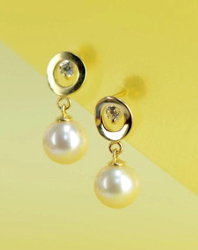 14K Yellow and White Gold Genuine Pearl CZ Stud Earring