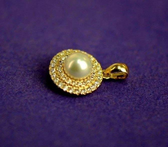 14K Yellow or White Gold Round Genuine Pearl CZ Pendant