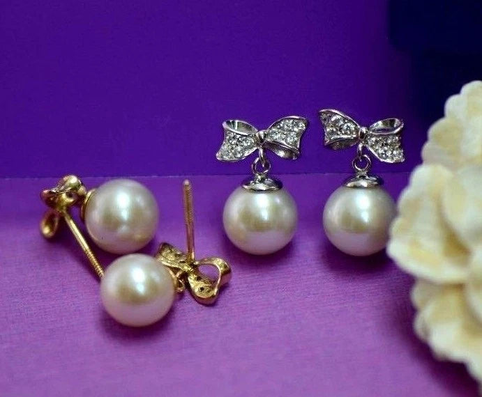 14k yellow white gold bow tie pearl cz stud earring freshwater