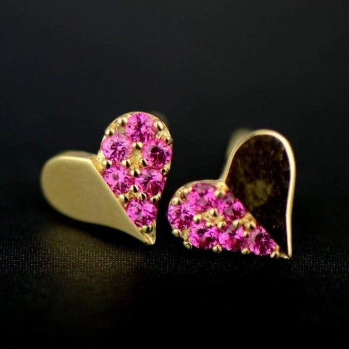 14K Yellow & White Gold Beautiful Heart Shape CZ Stud Earrings for Women