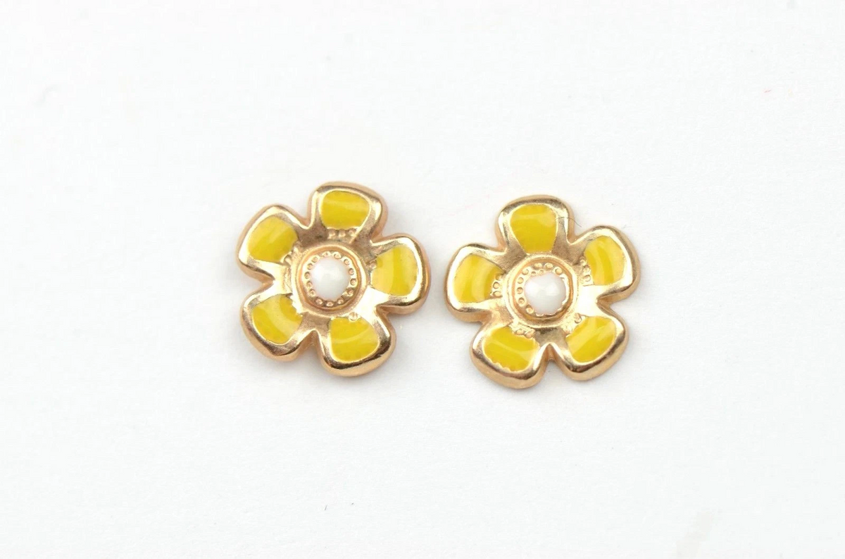 14k Yellow Gold Baby Enamel Flower Earrings, Screw Back