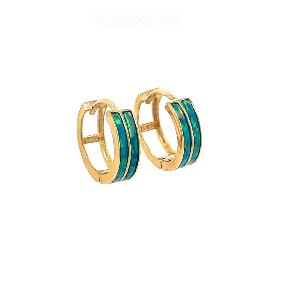 14k Yellow Gold Double Row Dark Green Opal Huggie Hoop Earrings