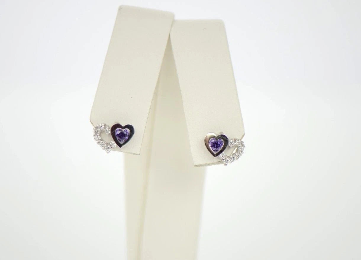 14K White Gold Double Heart Earrings