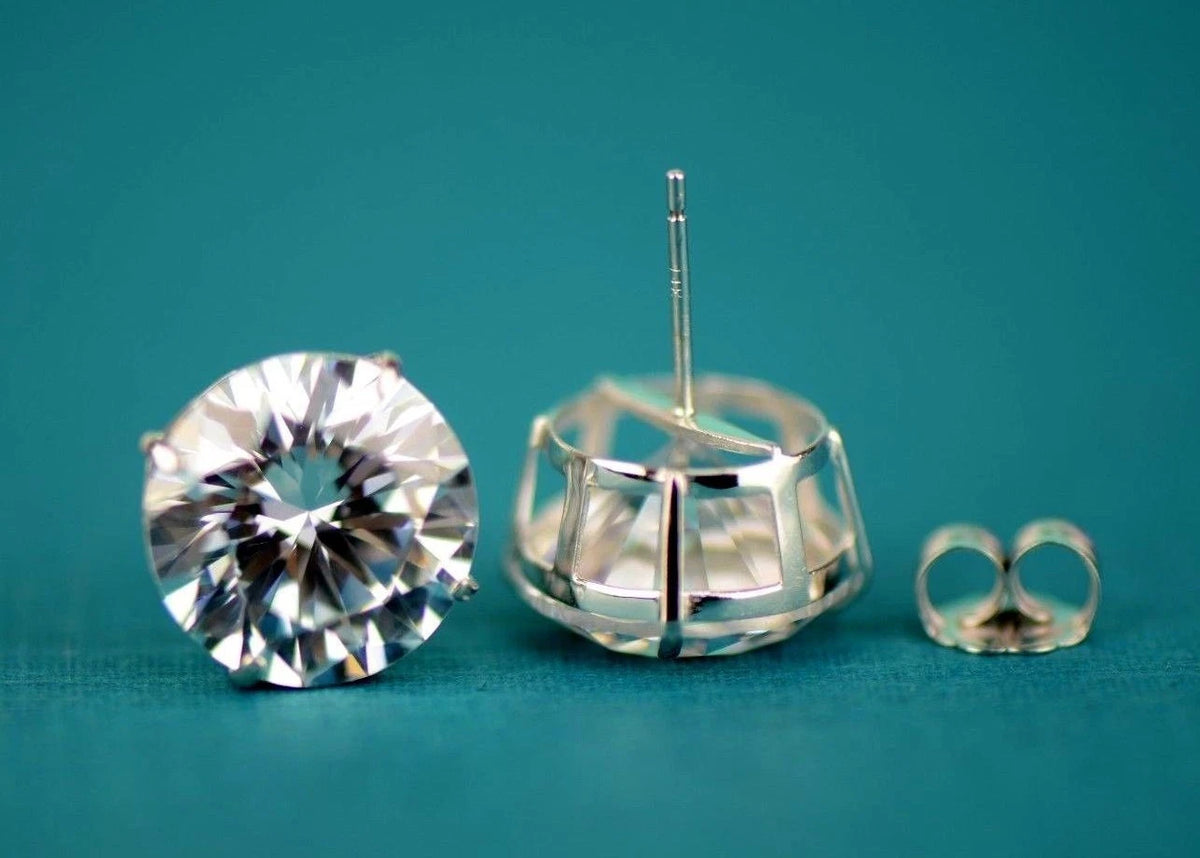 14k Heavy Basket White Gold Round AAA Quality CZ Stud with push back