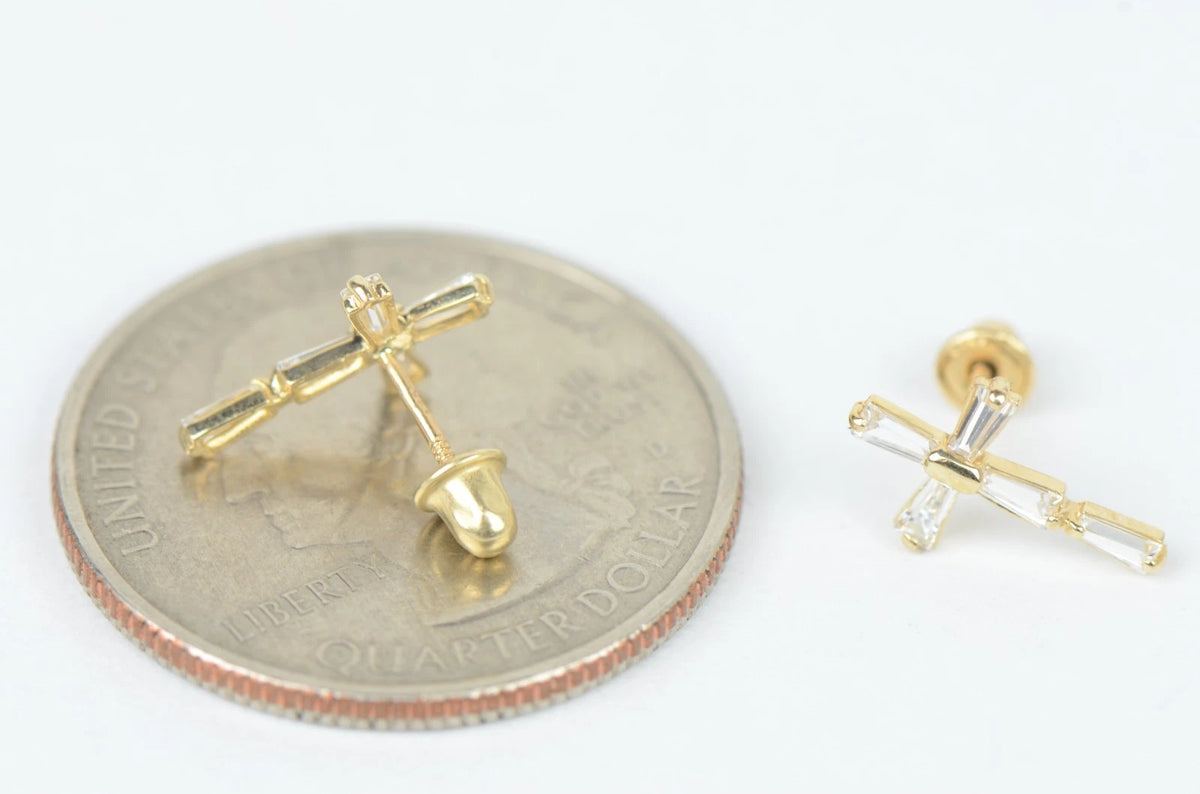 14K Yellow or White Gold Cubic Zirconia Cross Earrings