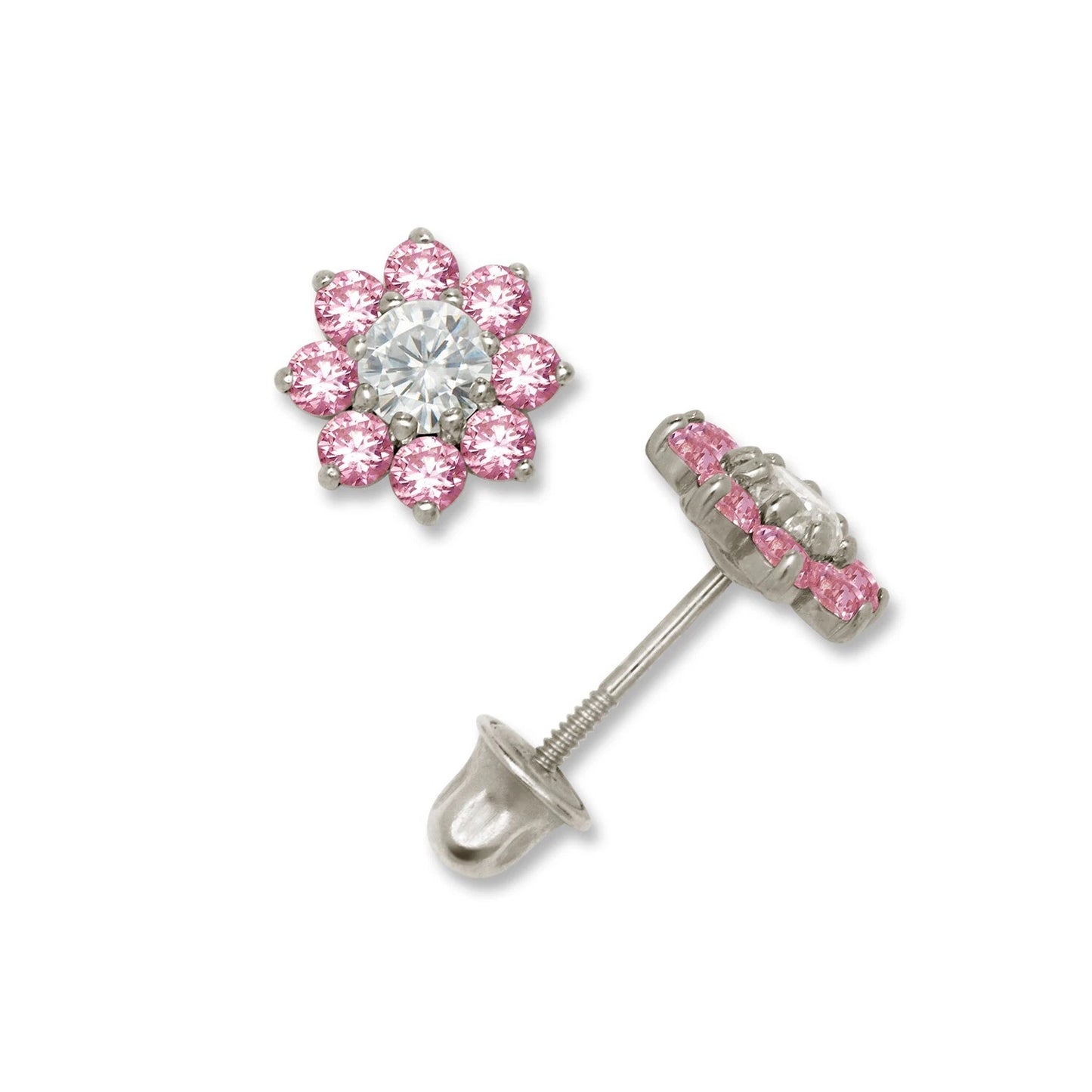 14K Yellow & White Gold Small Beautiful CZ Flower Stud Earrings for Girls