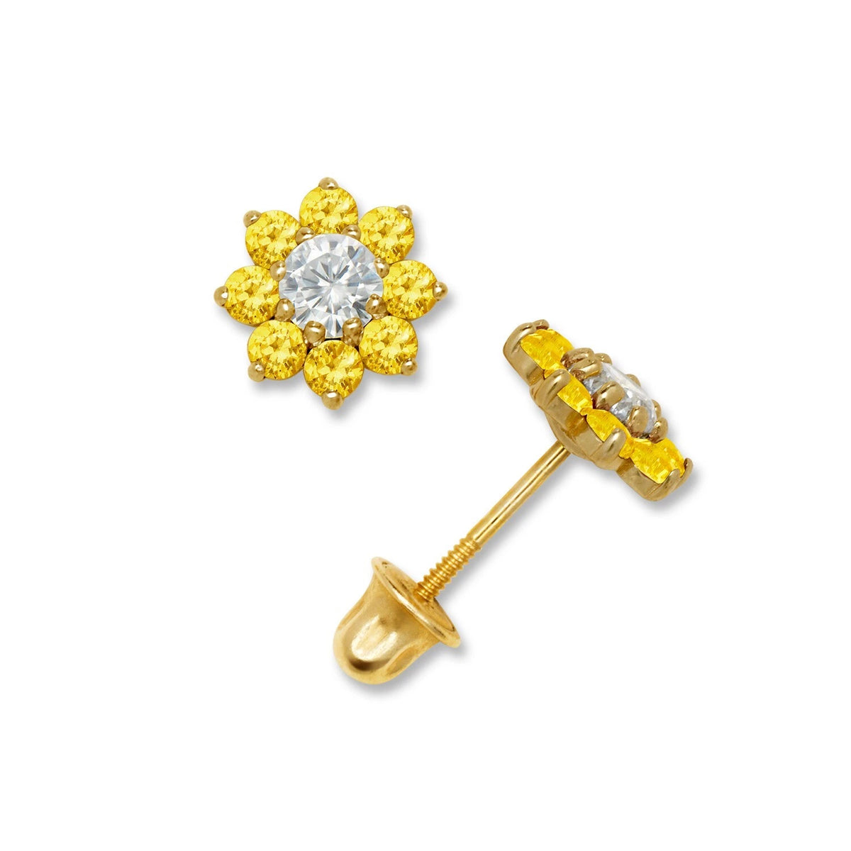 14K Yellow & White Gold Small Beautiful CZ Flower Stud Earrings for Girls