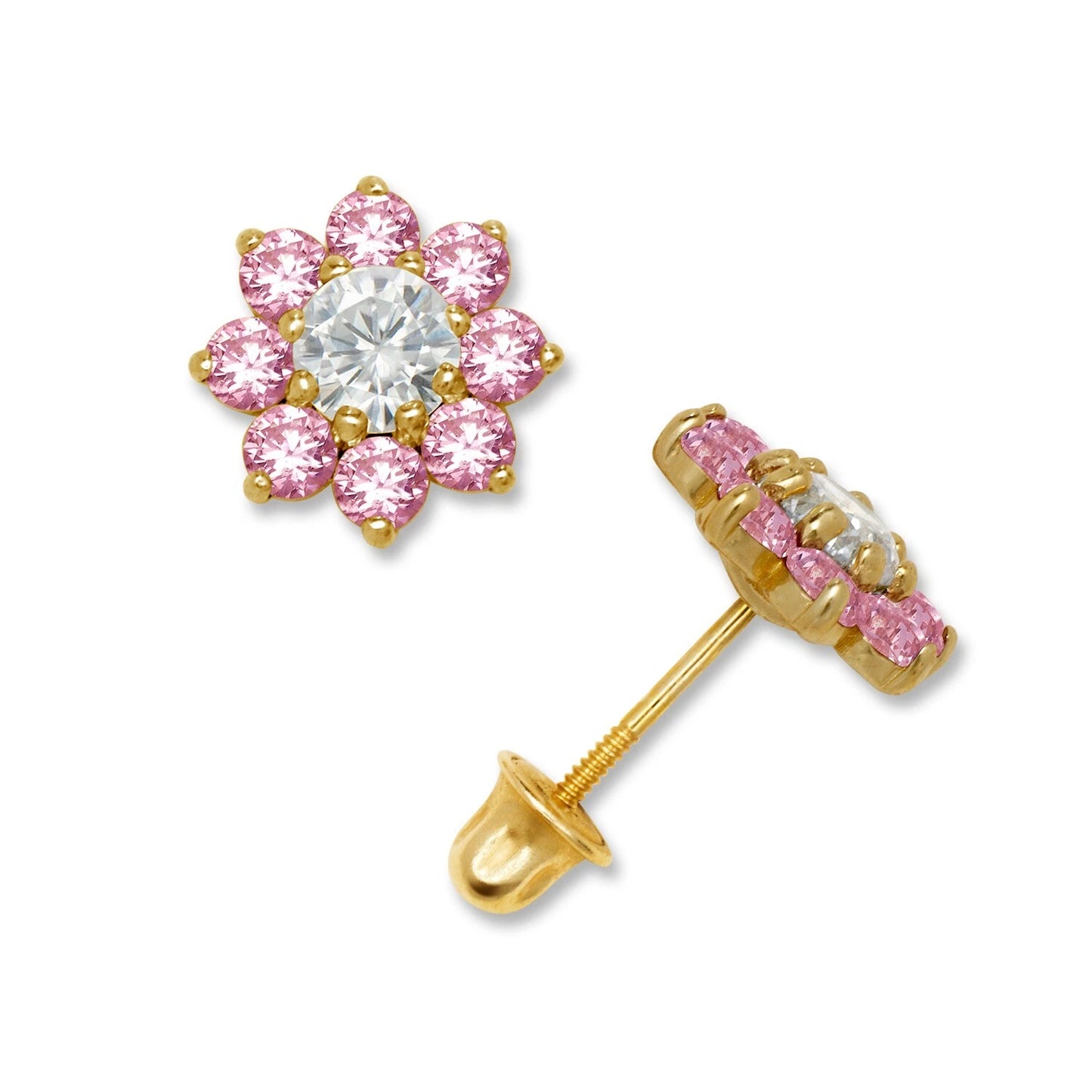 14K Yellow & White Gold Large Beautiful CZ Flower Stud Earrings for Women