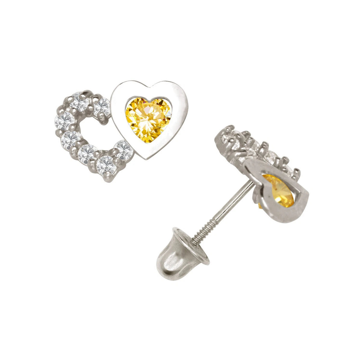 14K Yellow & White Gold Classic CZ Heart Shaped Stud Earrings for Women