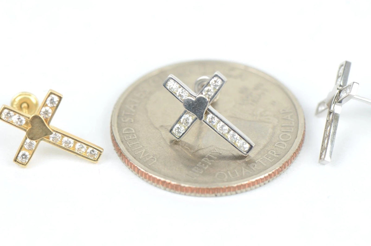 14K Yellow or White Gold Heart CZ Cross Earrings