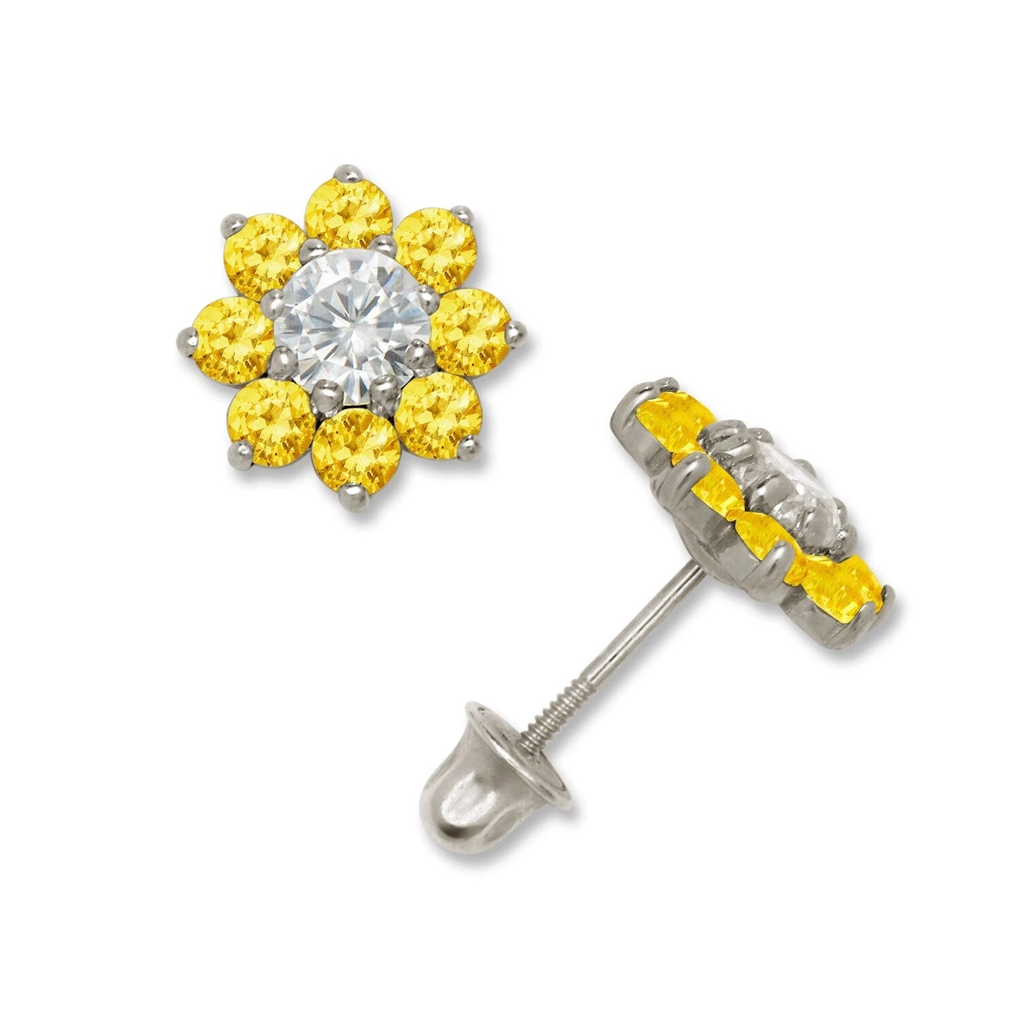 14K Yellow & White Gold Large Beautiful CZ Flower Stud Earrings for Women