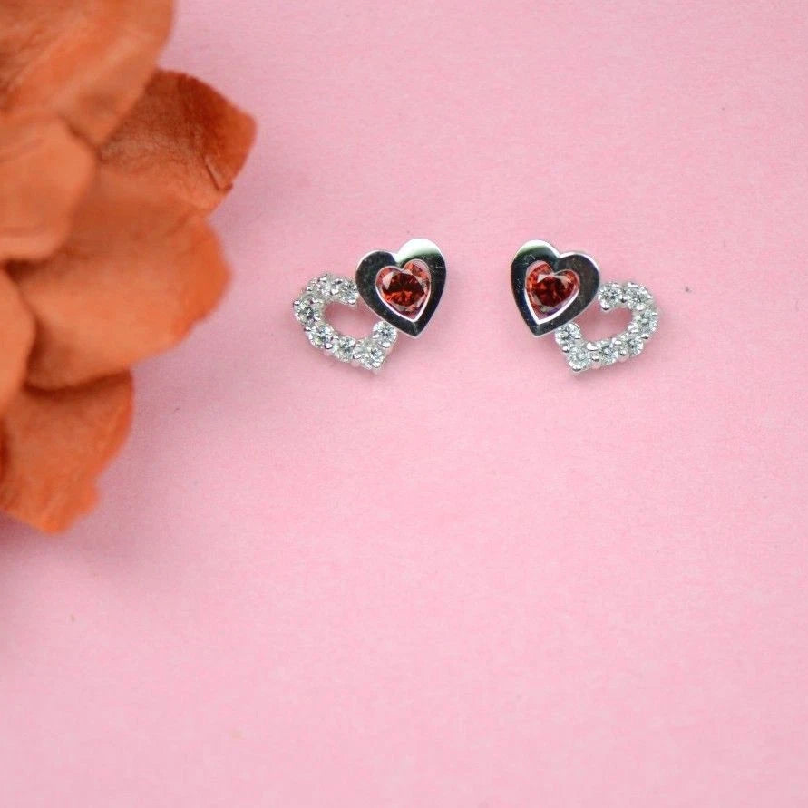 14K White Gold Double Heart Earrings
