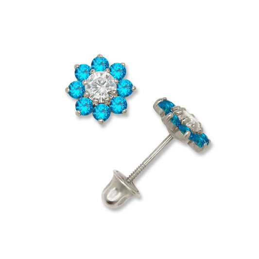 14K Yellow & White Gold Small Beautiful CZ Flower Stud Earrings for Girls