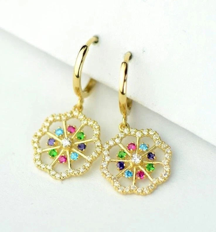 14k Yellow White Gold Dangle CZ Flower Huggie Earrings