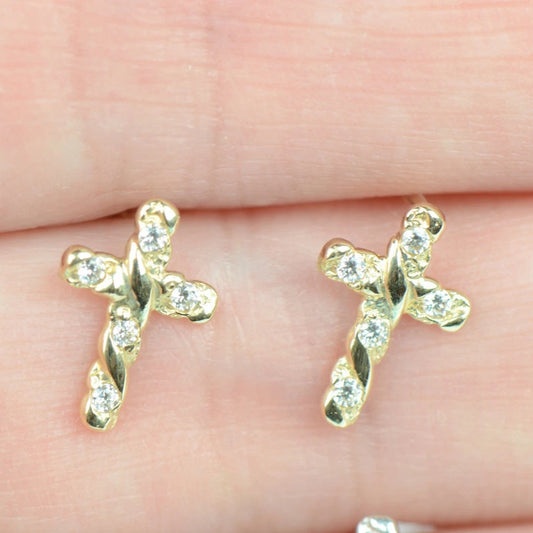 14K Yellow White Gold Cubic Zirconia CZ Cross Earrings For Women