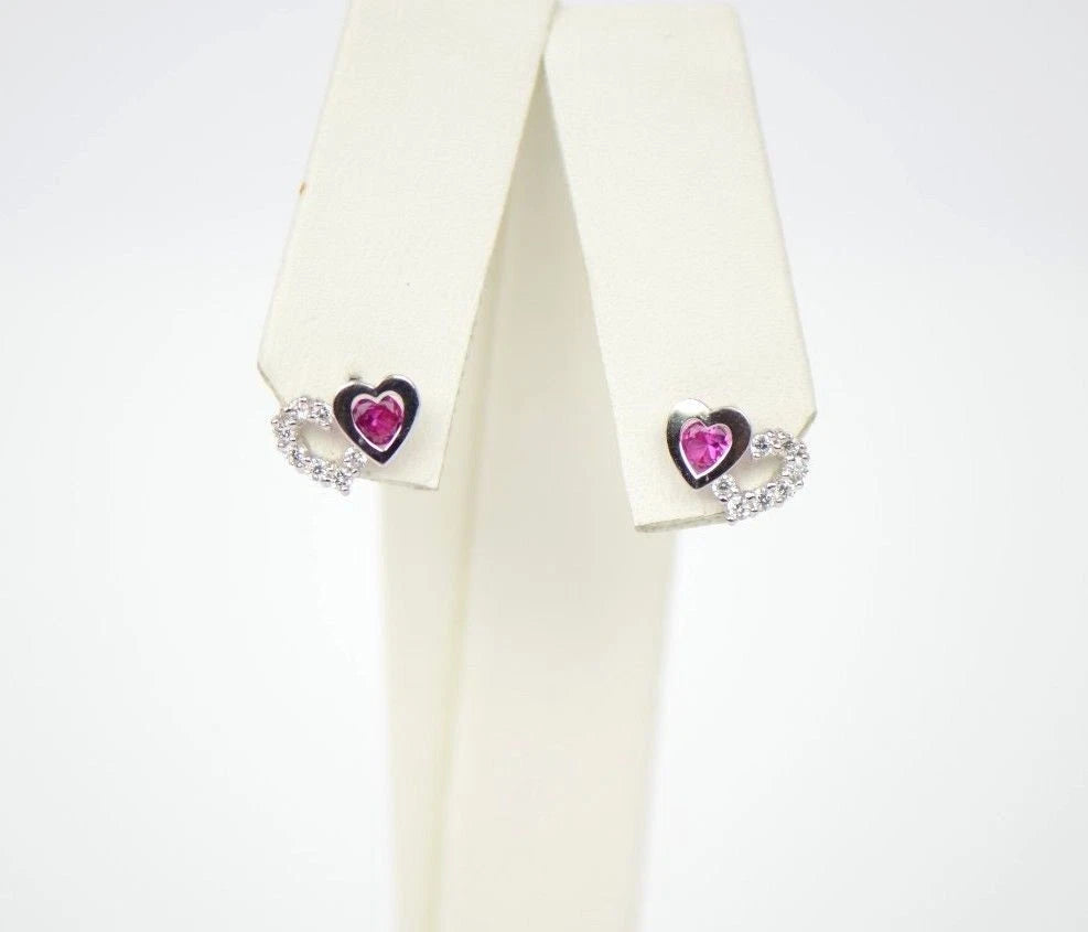 14K White Gold Double Heart Earrings