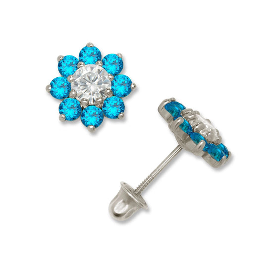Pair of earrings with blue gemstones and a clear central stone on a white background