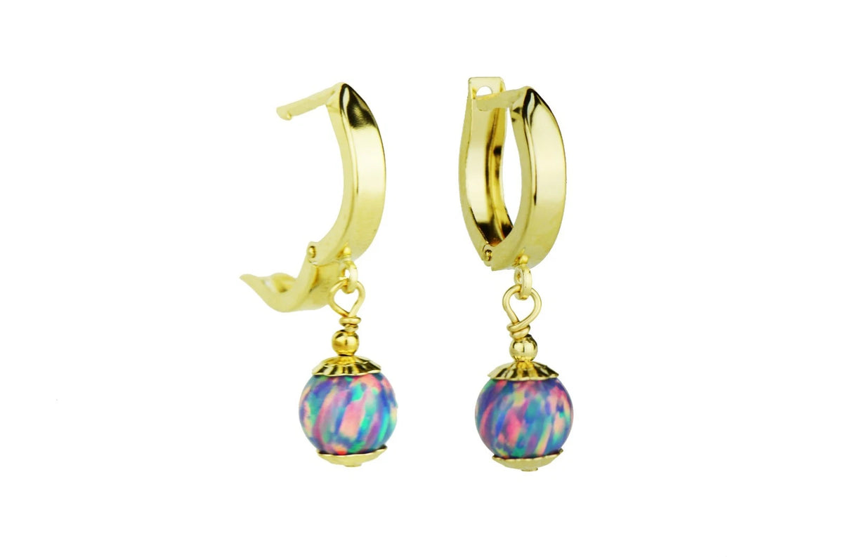 14k Yellow Gold Opal Huggie Snap Closure Dangle Earrings