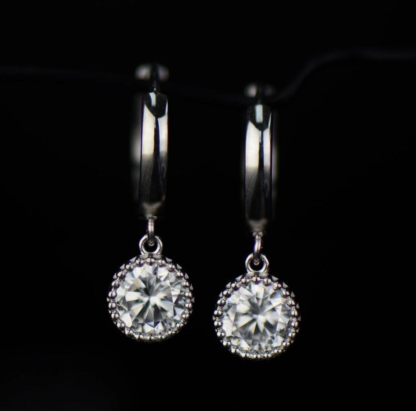 14k White Gold Dangle Round Birthstone Huggie Earrings