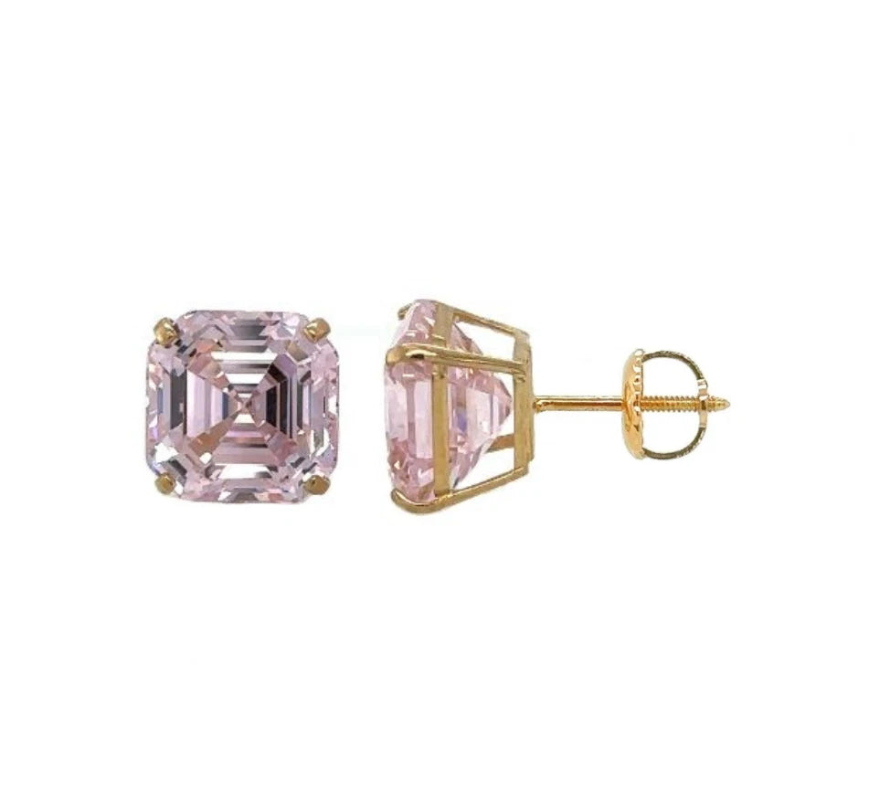 14K Yellow Gold Asscher Cut Stud Earrings Screw Back