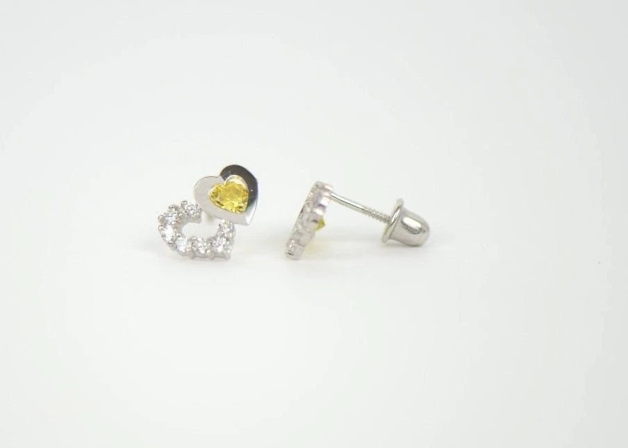 14K White Gold Double Heart Earrings