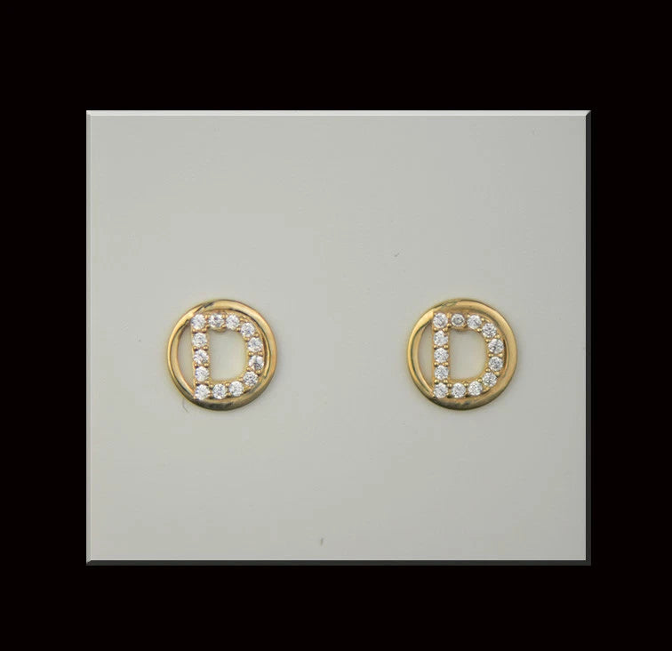 14k Yellow or White Gold Round Initial Letters CZ Stud Earrings