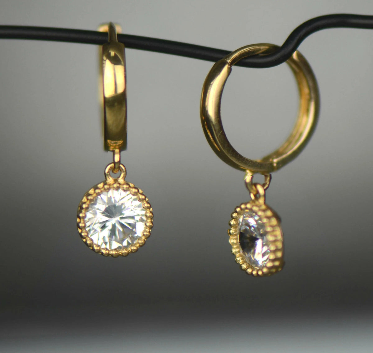 14k Yellow Gold Dangle Round Birthstone Huggie Earrings