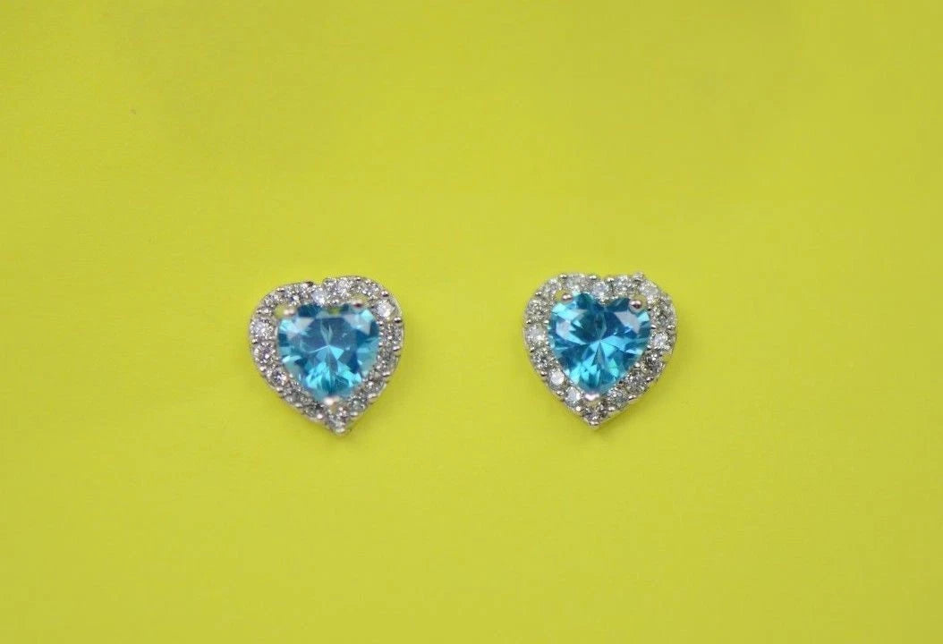14K White Gold Halo Heart CZ Stud Earrings Screw Back