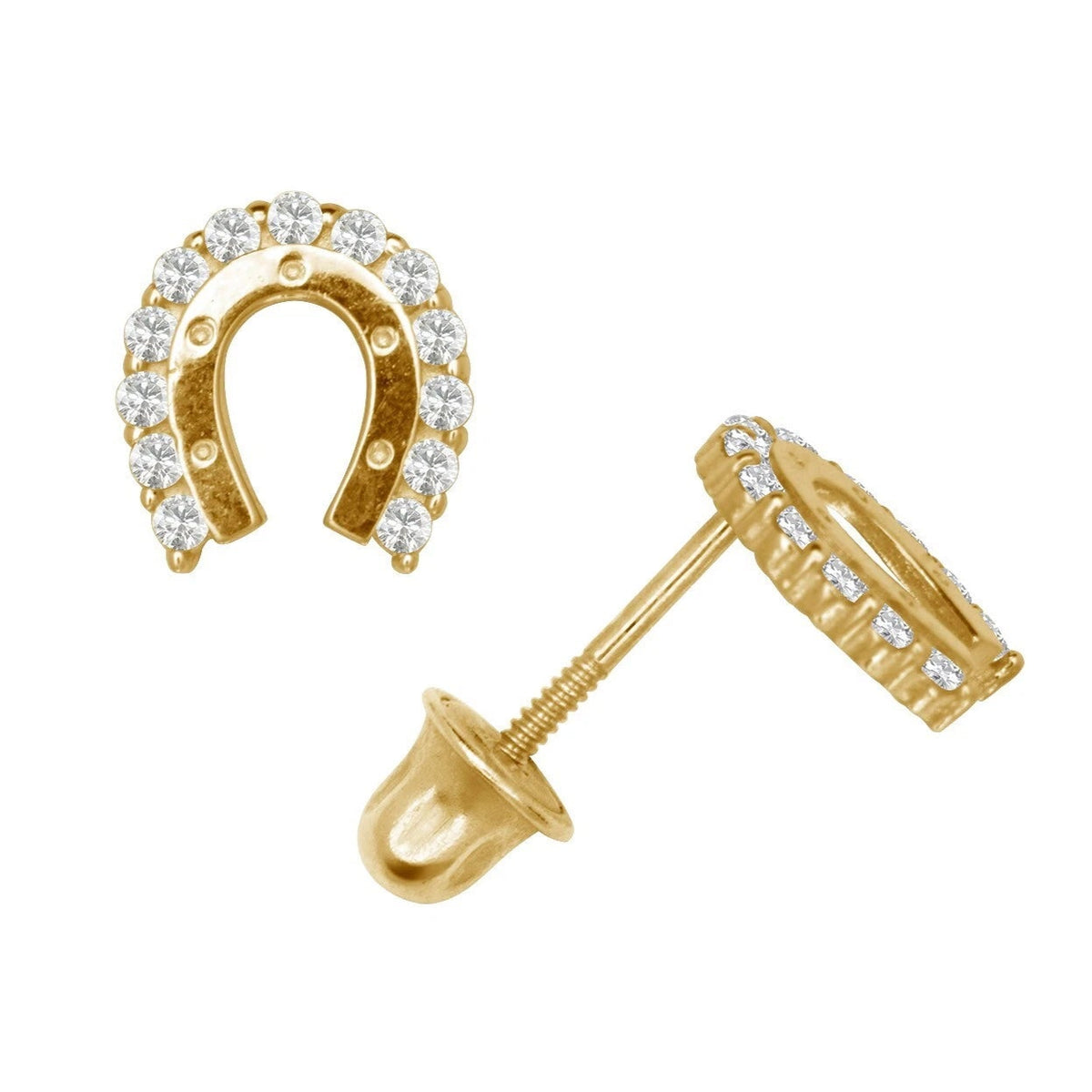 14K  Yellow & White Gold Horseshoe Shaped CZ Stud Earrings for Women