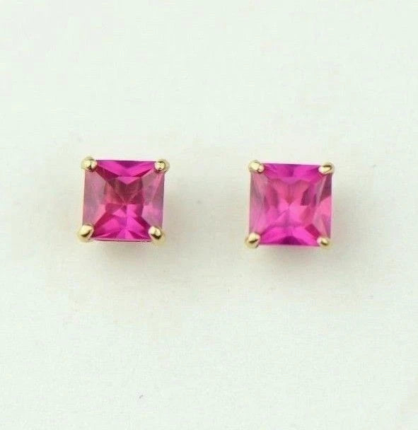14k Yellow Gold Solid Square Princess Cut Birthstone 4MM CZ Stud Earrings