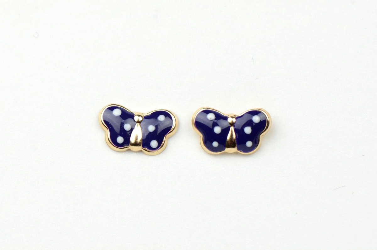 14k Yellow Gold Butterfly Enamel Baby earrings with Screw Back
