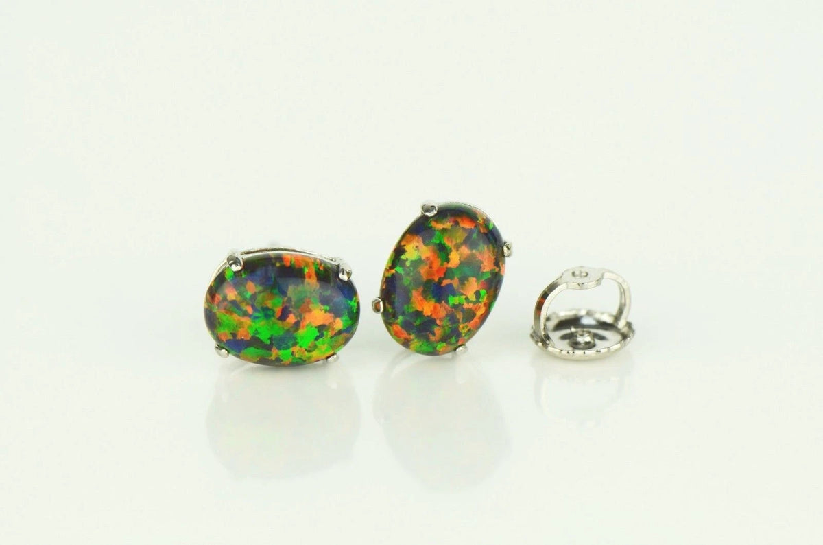14k Yellow & White Gold Oval Opal Screw Back Stud Earrings for Earrings